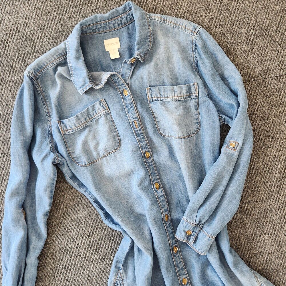 Chicos Blue Denim Long Sleeve Button Down Shirt Dress Tunic Blue Size 1/M Rodeo